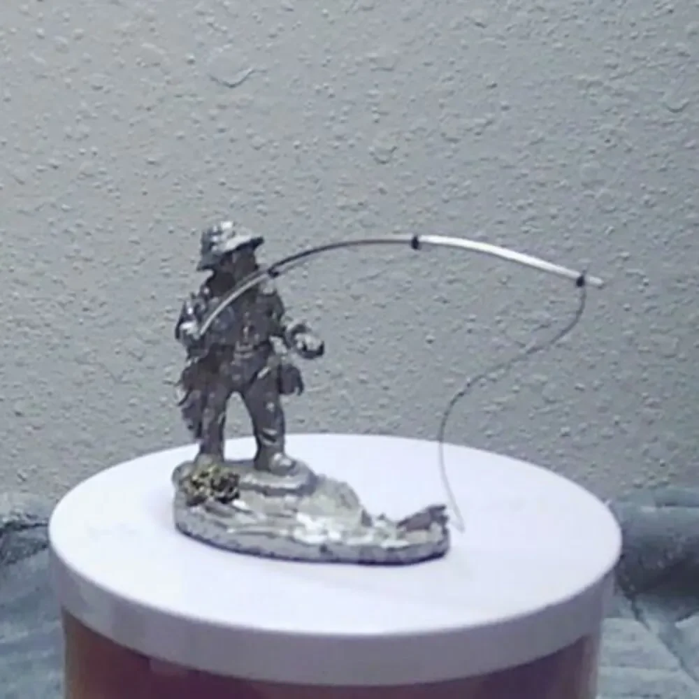 Vintage Pewter and Pyrite Sculpture Man Fly Fishing 2x2.5x1.25